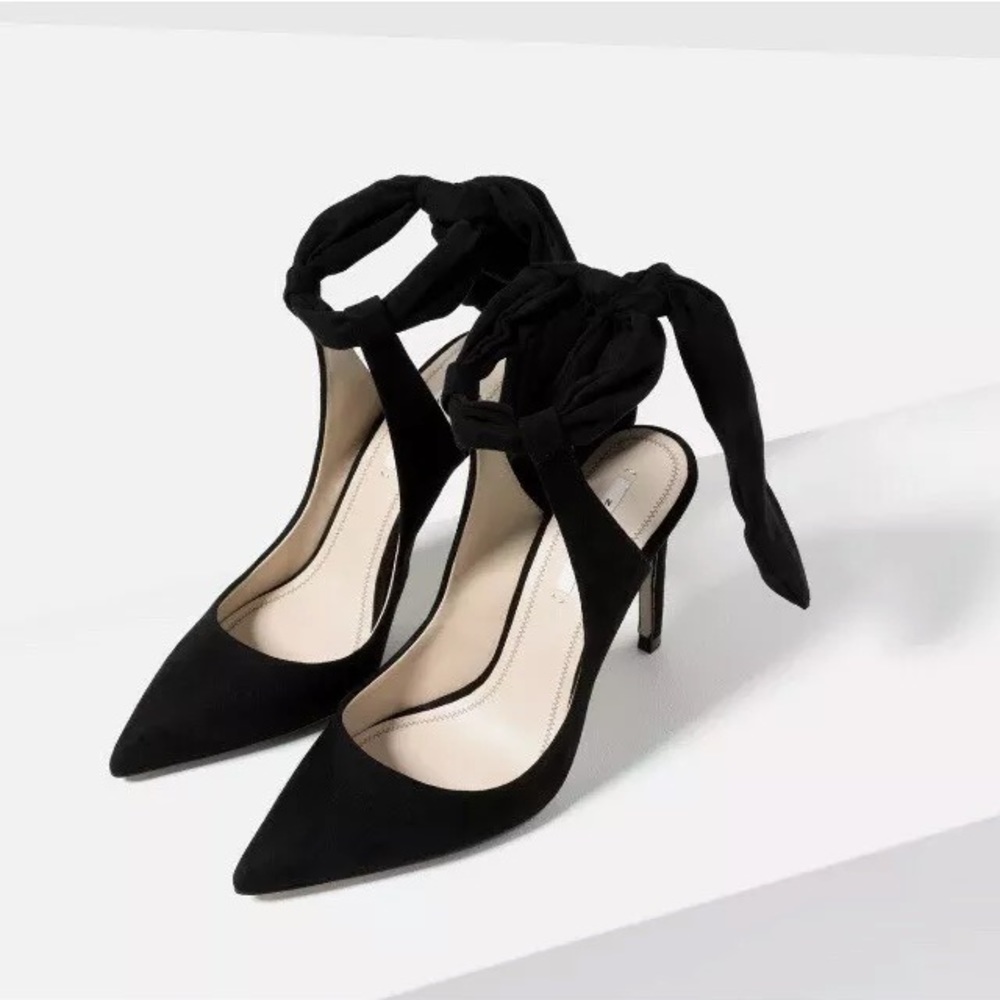 Zara Black Slingback Suede High Heels With Bow